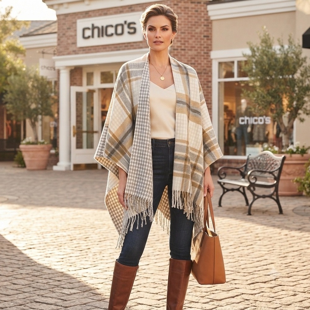 Chicos Reversible Plaid Houndstooth Poncho Wrap Fringe Tan Grey OS Fall Autumn